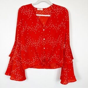 Hummingbird V-Neck Long Ruffled Bell Sleeves Tie Front Top Orange-Red Size Small